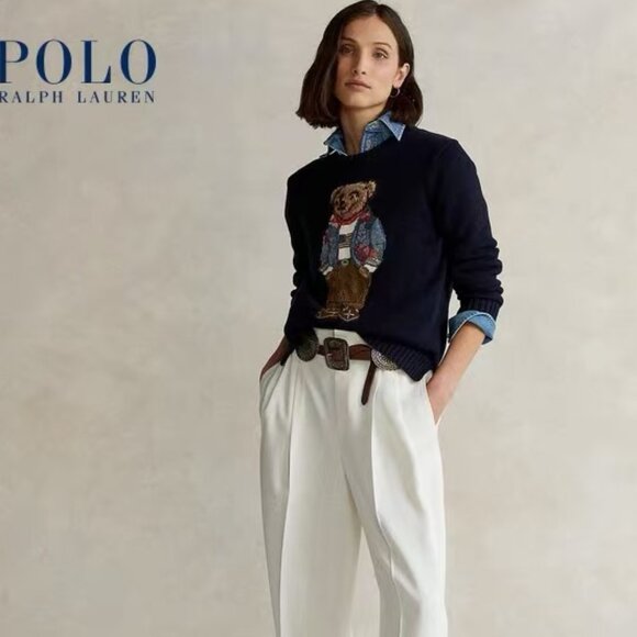 Polo Ralph Lauren Floral denim jacket with bear pattern, navy blue sweater - Picture 2 of 10